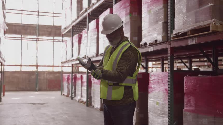 A worker wearing a hard hat green vest and gloves inside a shipping warehouse midday
