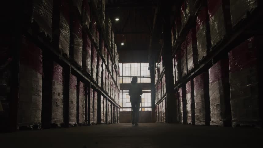 A worker is walking away from the camera down a dark warehouse aisle with tall shelves full of boxes and another worker pushing a hand truck with a large box on it walks by