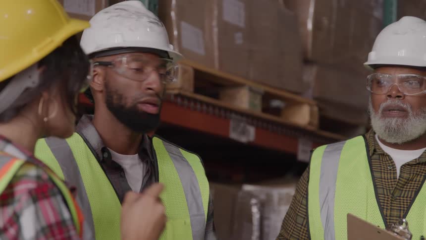Three warehouse coworkers are standing together all wearing hard hats and safety vests talking to each other