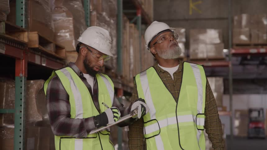 Two workers wearing reflective vests and hard hats talking while one takes notes on a clipboard