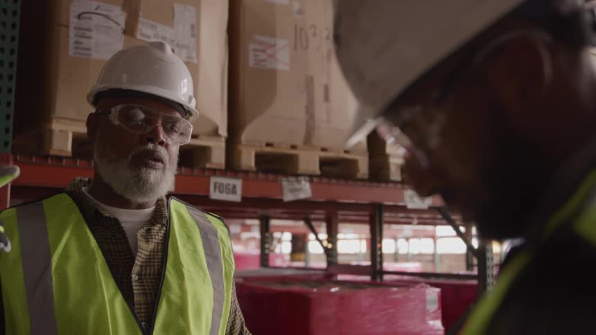 Two men one with a white beard and glasses are standing in a warehouse aisle with tall shelves full of boxes both wearing white hard hats and yellow safety vests while the bearded man talks to the other man