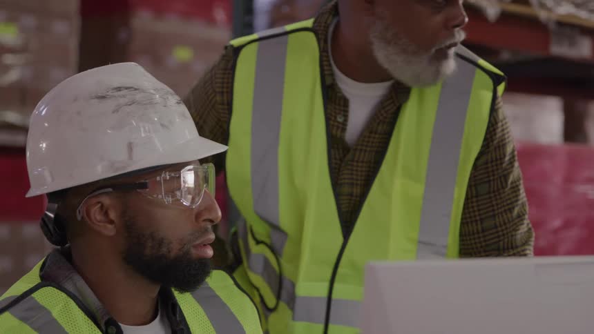 Two men in a work environment with helmets talking