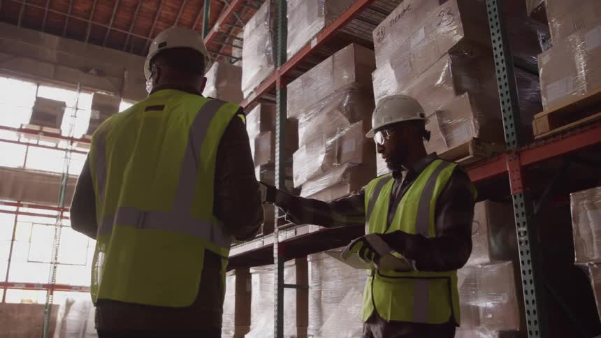 Two men both wearing white hard hats and bright yellow safety vests are standing in a warehouse aisle with tall shelves full of boxes as one man points with his finger while the other holds a clipboard and listens