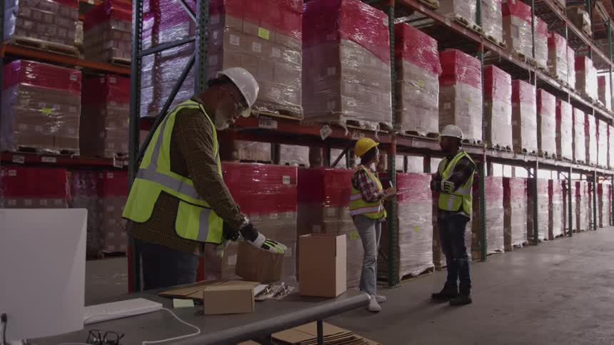 Workers wearing helmets and reflective vests in a warehouse