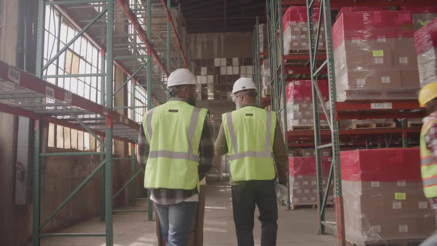 Two workers in reflective vests and helmets push a box in a warehouse while a woman walks beside them holding a clipboard