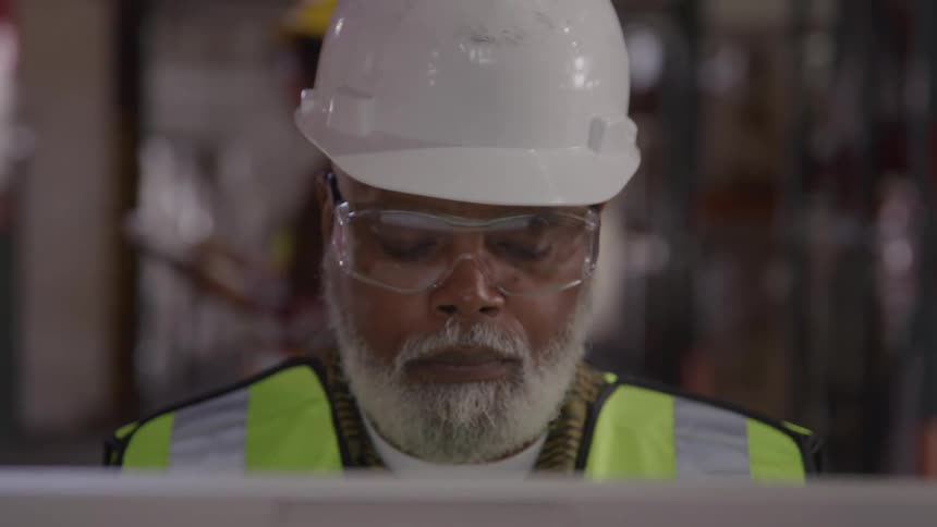 A construction worker wearing a hard hat glasses and a green vest types on a computer