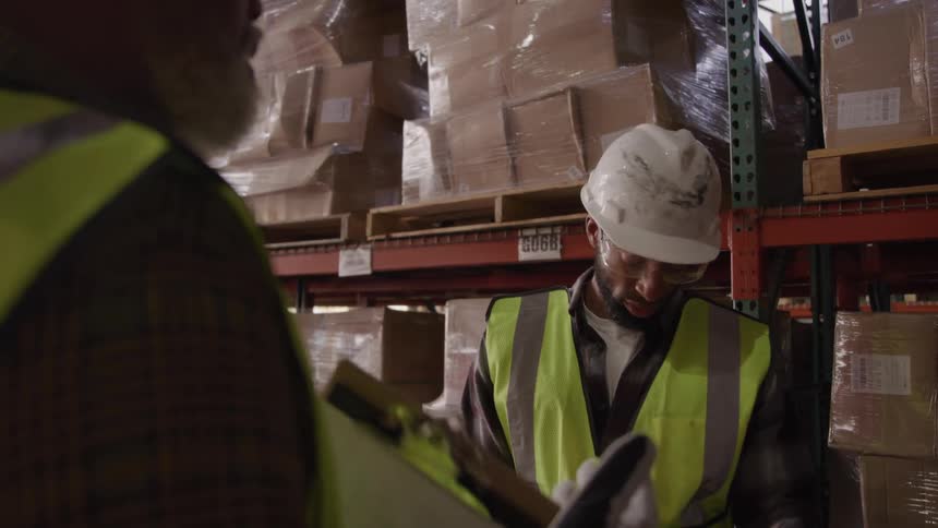 Two men in helmets and vests working in a warehouse and taking notes