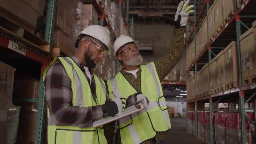 Two men who are coworkers are standing in a warehouse aisle with tall shelves full of boxes both wearing white hard hats and yellow safety vests as one man points up while the other looks at a clipboard and writes on it