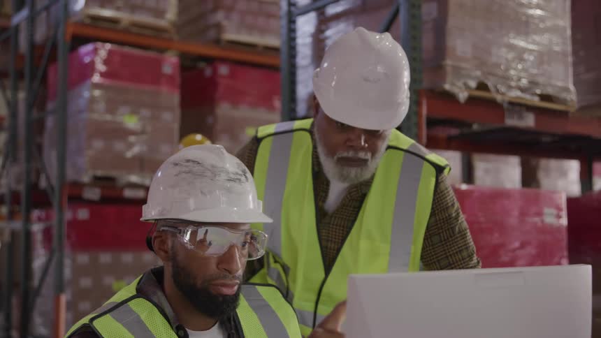 Two workers wearing reflective vests and hard hats looking at a computer screen in a warehouse
