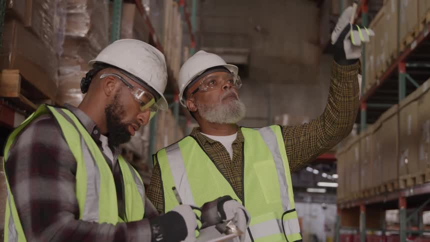 Two workers wearing reflective vests and hard hats looking toward the direction pointed by one of them inside a warehouse