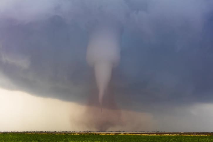 A tornado sweeps through a grassfield at midday