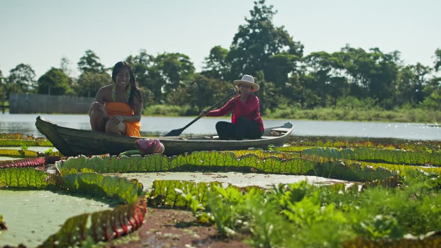 On a sunny day the camera glides over a lakes surface through giant lily pads toward a wooden canoe where one woman paddles as the other smiles and adjusts her long hair