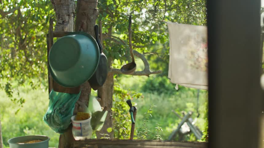 A series of cutlery including a bowl hangs on a tree in the woods with a napkin on a line at midday