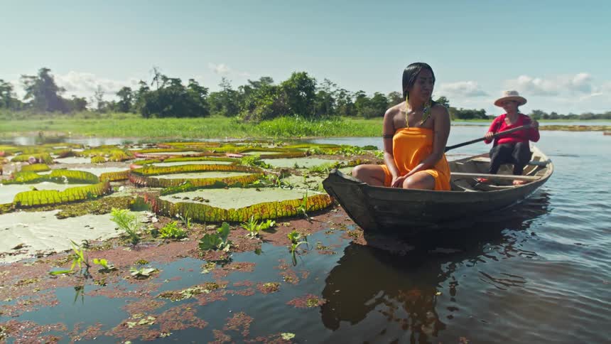 Two people are in a small wooden boat on a calm body of water with large lily pads and other aquatic plants visible under a clear sky
