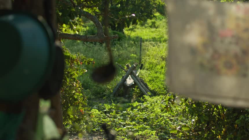 Kitchen utensils and a decorative cloth hang from a wooden structure in the foreground with lush green foliage and a rustic wooden stand visible in the background