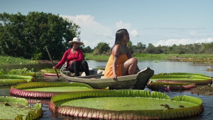 Two women in a boat among giant water lilies in a river