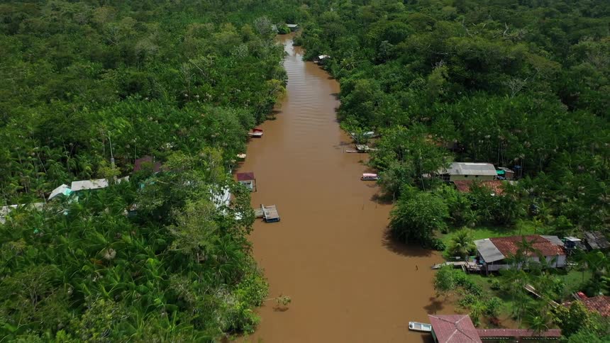 River flowing through a dense green forest with riverside houses