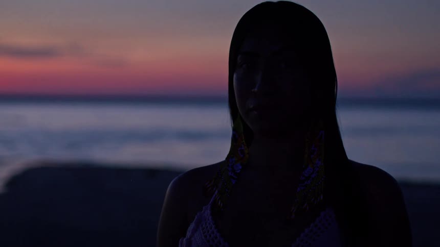 A silhouetted woman stands on the beach at sunset