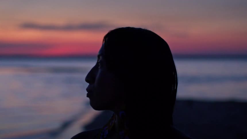 A woman gazes toward the horizon at twilight her profile outlined by the fading light over the calm water