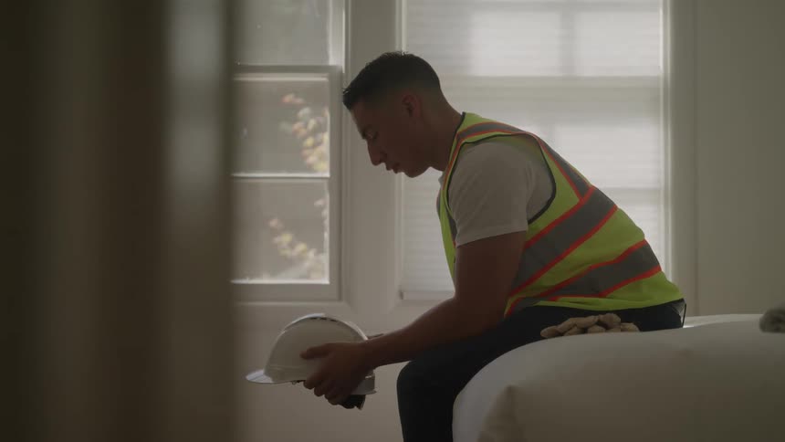 Man wearing a reflective vest sitting on the bed holding a safety helmet