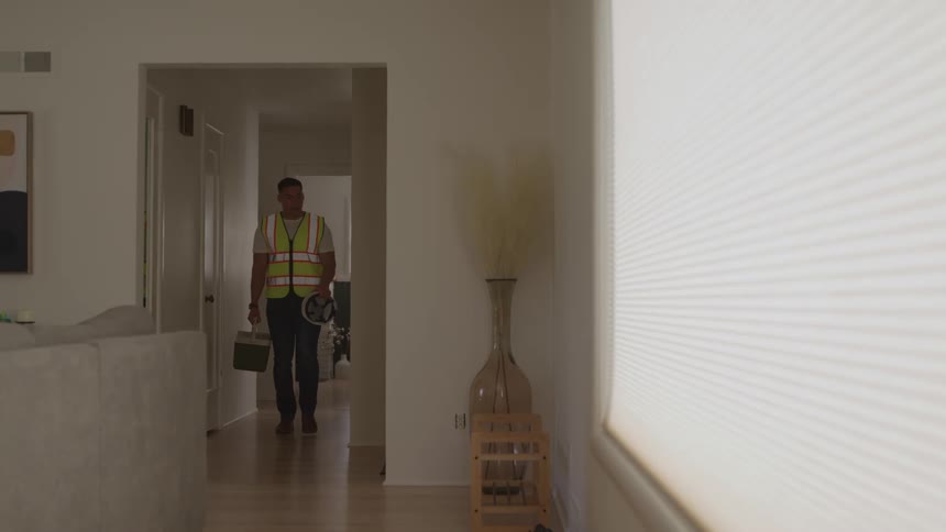 Worker in a reflective vest carrying a toolbox and helmet enters a residential hallway