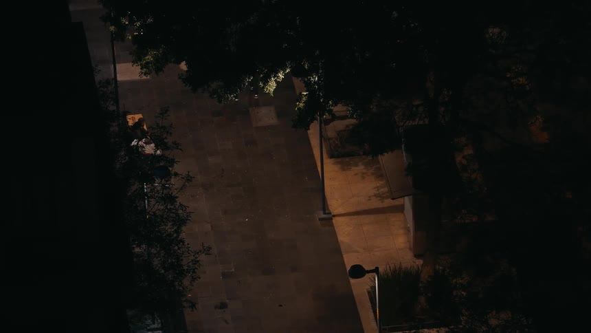 A topdown shot at night shows two people walking on a paved pathway through a parklike area the area is dark with some light from street lamps illuminating the path surrounded by trees and bushes that cast long shadows