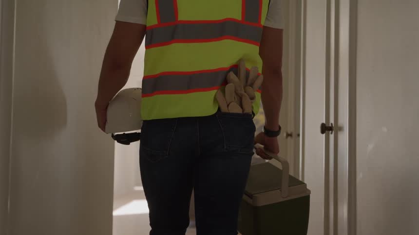 Worker in a reflective vest carrying a helmet cooler box and gloves in the back pocket