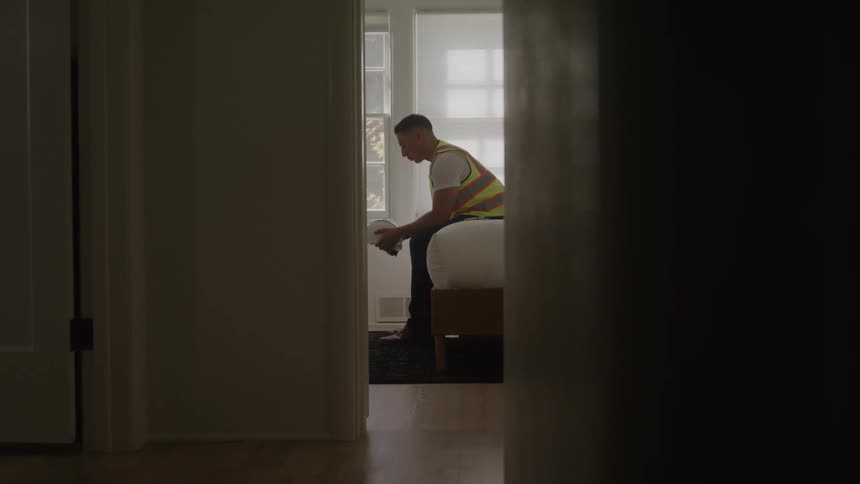 A young man wearing a green vest sits on his bed in his bedroom holding a hard hat and ready for work at midday