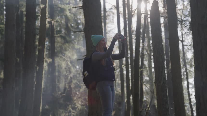 Woman wearing a blue beanie takes a photo with her phone in a sunlit forest