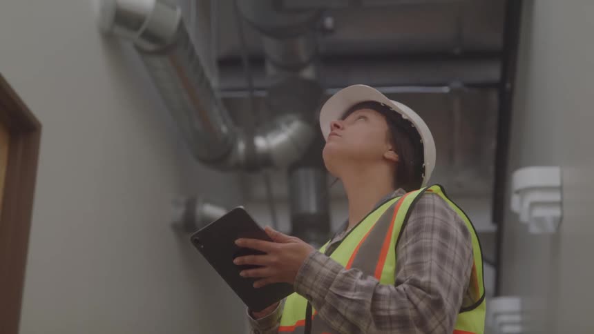 A female construction worker wearing a hard hat and safety vest holds a tablet and looks up to inspect the overhead pipes in a building
