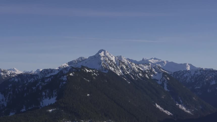 Snowcovered mountain peaks rise sharply against a clear blue sky surrounded by forested slopes