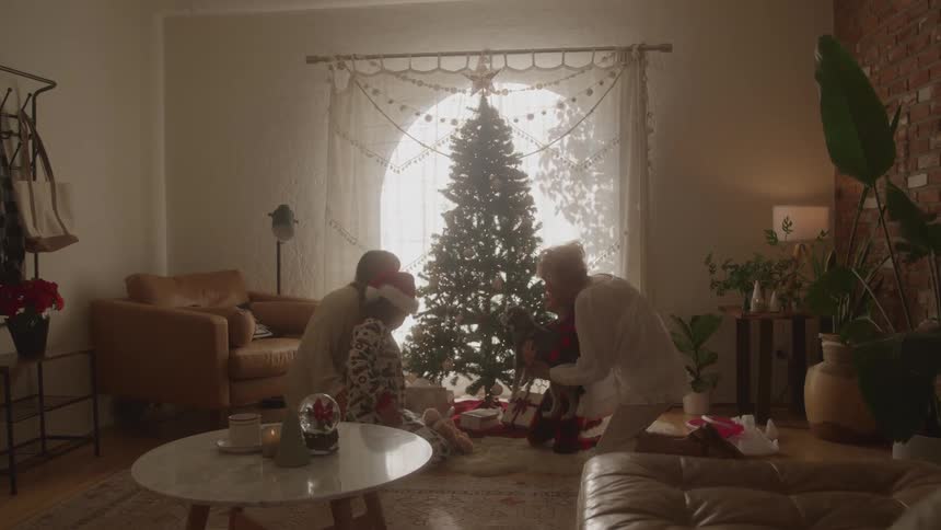 Family gathered around the christmas tree exchanging gifts