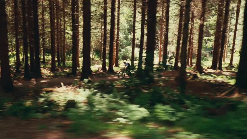 The video shows a mountain biker riding on a dirt trail through a dense forest the camera follows the person as they ride through the sundappled trees the video also has a filmsupply watermark