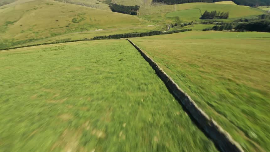 Tilted aerial view of green hills and trees under a clear sky
