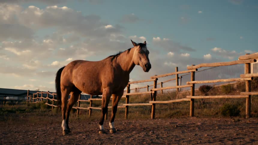 Light brown horse in a wooden corral at sunset
