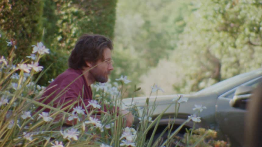 Bearded man with glasses crouching among white flowers outdoors