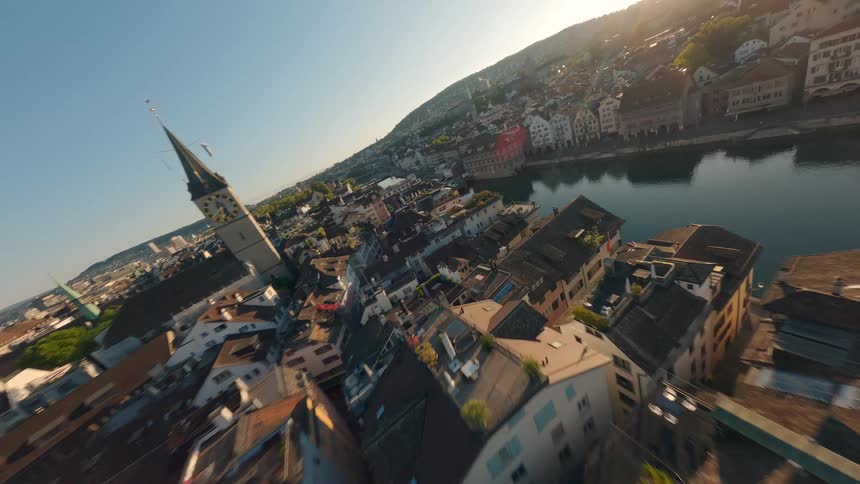 Aerial view of a european city with a river winding through