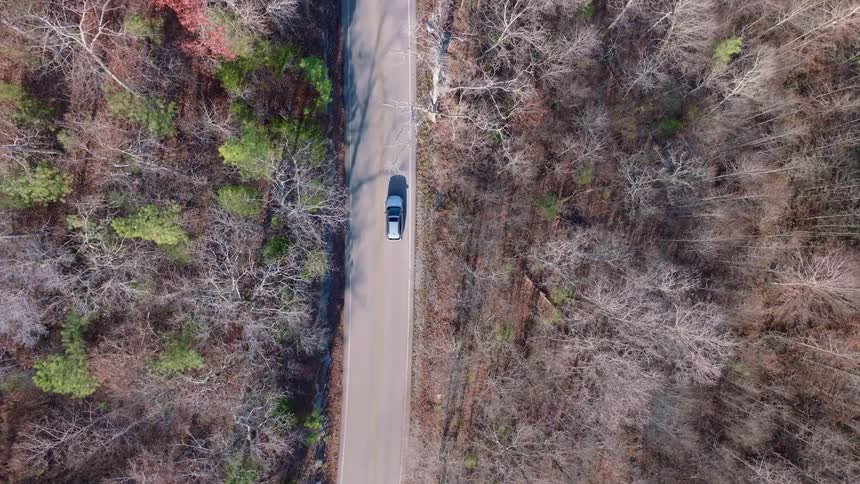 The video shows an aerial view of a car driving down a road surrounded by barelimbed trees and patches of green and brown fields the car is small and dark and can be seen from directly above as it drives into the distance