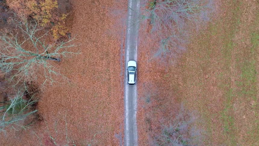 The video shows an aerial view of a white car driving down a dirt road the road is surrounded by fields of brown and green grass and barelimbed trees the video has a watermark in the center that reads filmsupply