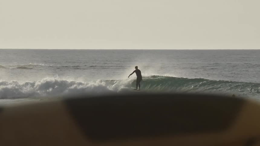 A small group of people are surfing off an ocean coast