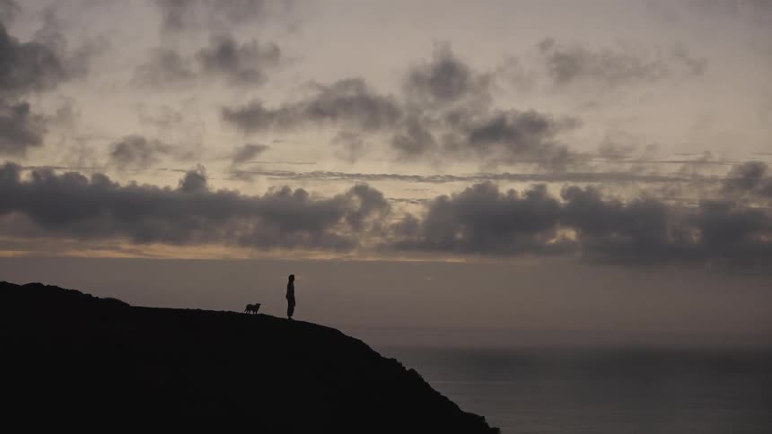 A man is standing on the mountain with his dog