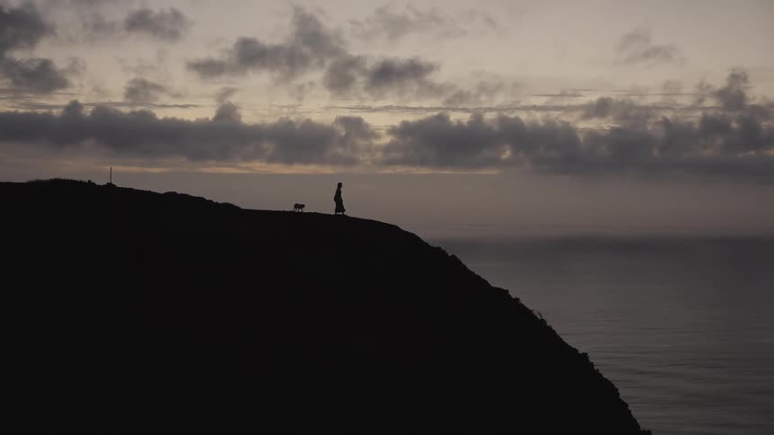 Silhouette of a person and dog walking on mountain top overlooking the ocean at sunrise