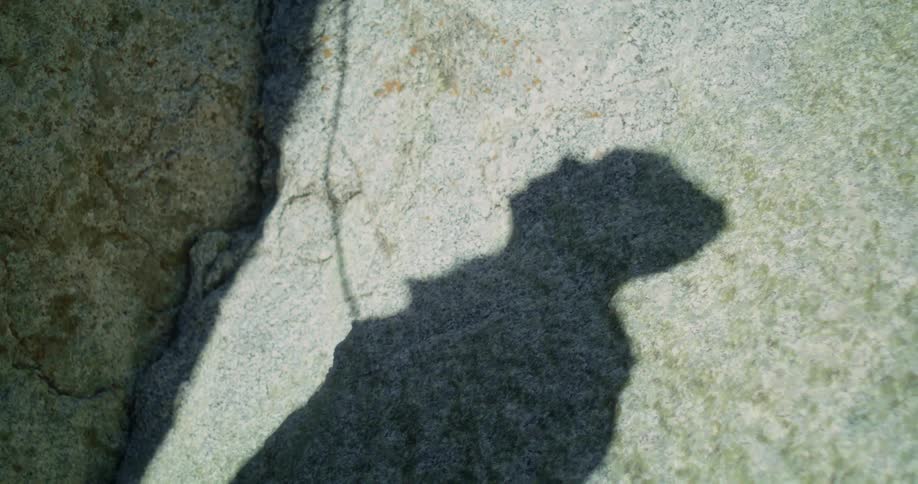 A distinct human shadow with a string or wire like item attached is cast sharply onto a textured stone surface