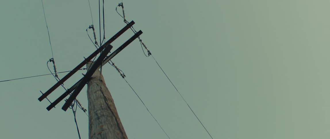 A wooden utility pole with multiple power lines stretches upward into a pale sky