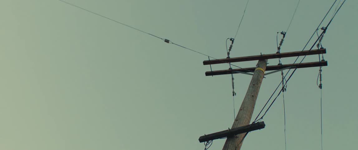 A wooden utility pole with power lines stretches upward against a pale sky