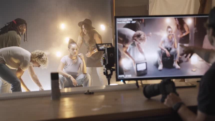 A crew is working to photograph a model