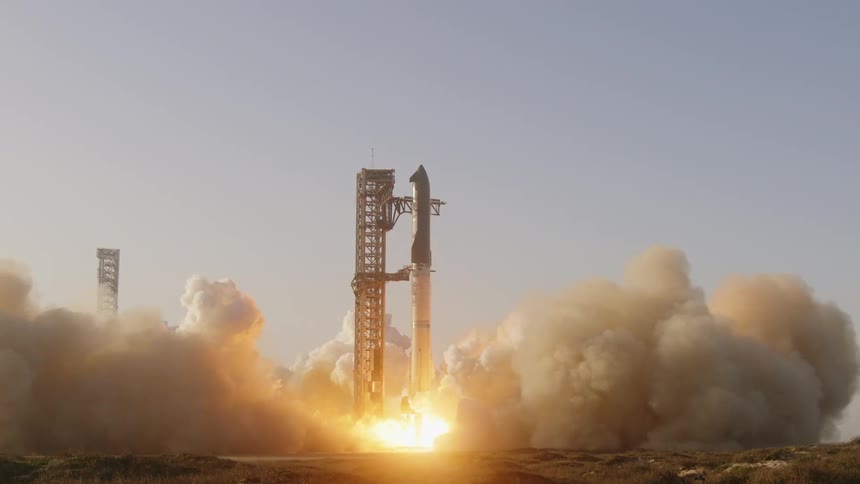 Rocket Launch Wide Landscape of Starship in Slow Motion