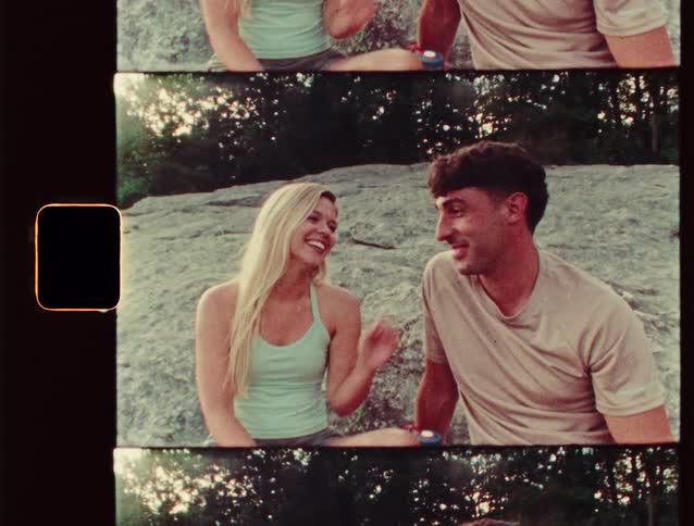 Man and woman sitting on a rock share laughter outdoors
