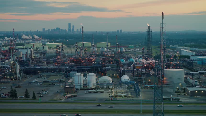 A sprawling oil refinery complex with glowing lights and flare stacks stretches across the foreground with a city skyline visible in the distance at sunset