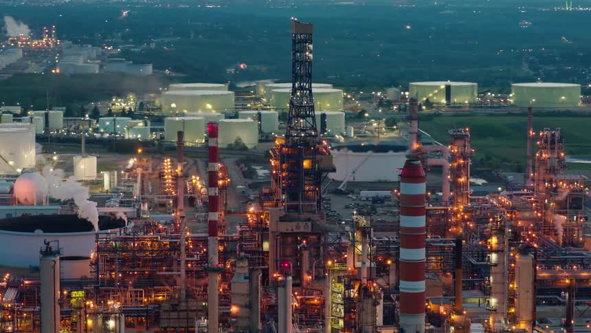 An oil refinery with smokestacks and tanks glows at dusk